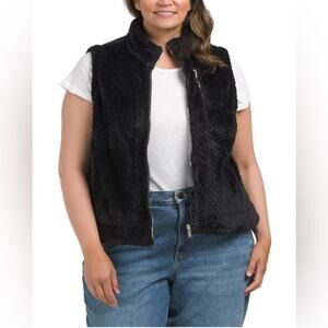 NWT - Calvin Klein Faux Fur Vest - Black with Gold Accents, Size Small